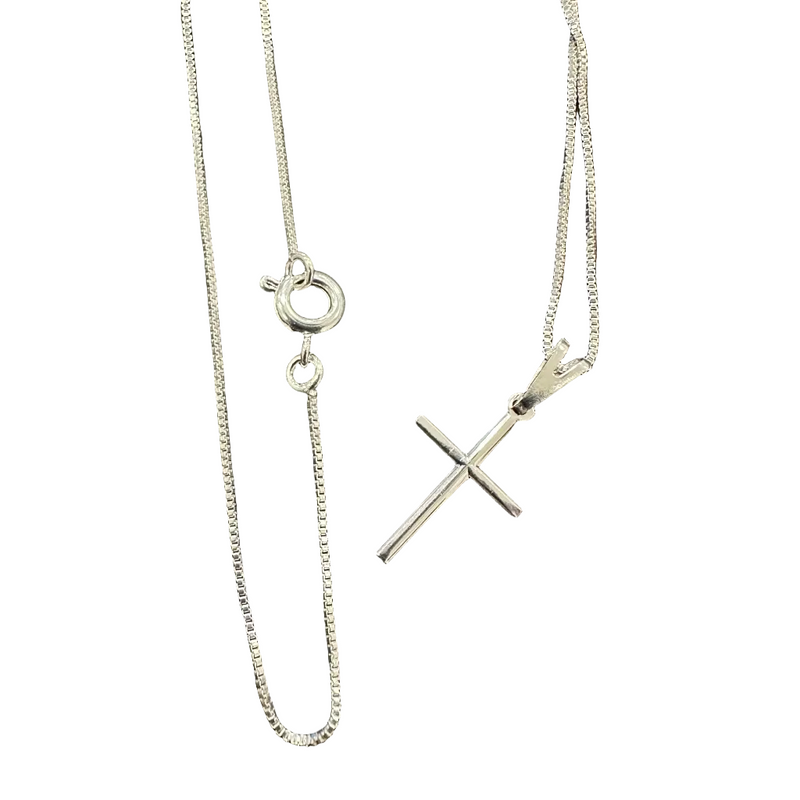 Colar corrente Veneziana 0,8 mm com pingente de cruz palito banho de PRATA 925 +++
