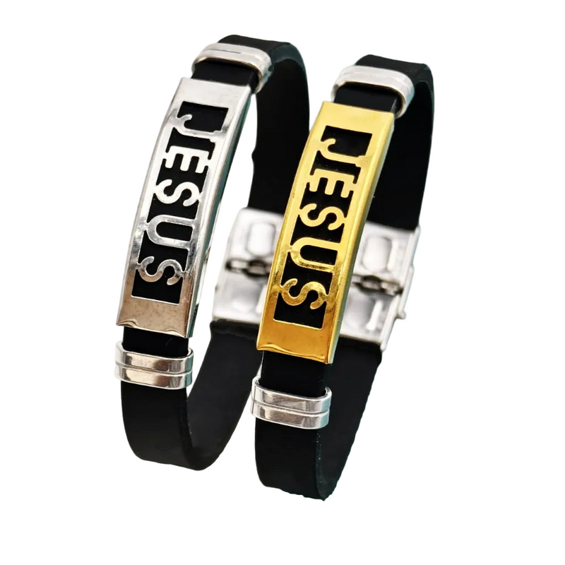 Pulseira masculina Dourada Jesus em aço Borracha Resistente social ajustavel presente