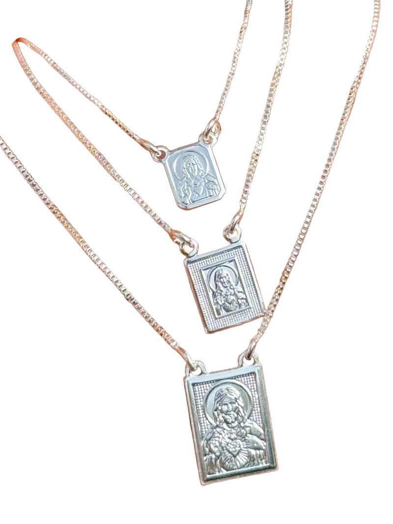 Escapulário Mini Prata 925 Legítima Sagrado Coração de Jesus+ Nossa Senhora do Carmo 60cm Masculino/Feminino