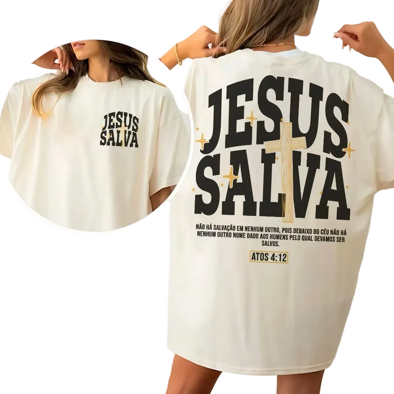 Camiseta Oversized Streetwear Feminina e Masculina Jesus Salva Blusa Larga Gola Canelada Cristã